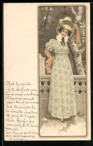 Künstler-AK Meissner & Buch (M&B) Nr.1053: Die 4 Jahreszeiten, Frau mit Hut an der Birke