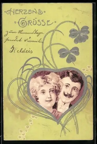 Präge-AK Ehepaar im Herz mit Kleeblättern, Jugendstil