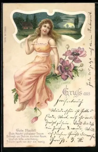 AK Gute Nacht, Frau mit Blumen, Sternenhimmel, Jugendstil