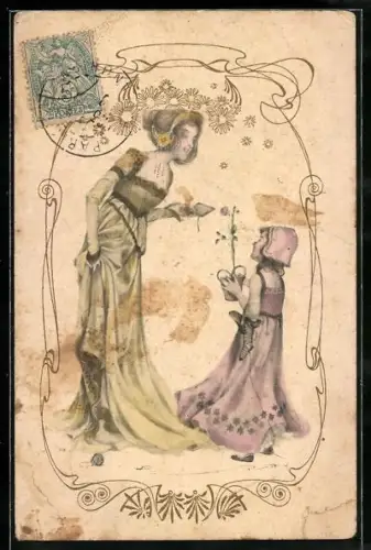 AK Junge Frau und Mädchen mit Blumentopf, Jugendstil