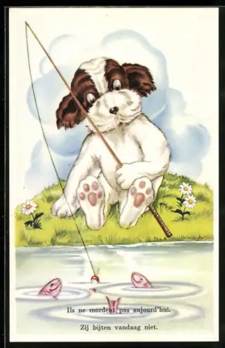 AK Hund beim Angeln, vermenschlichte Tiere