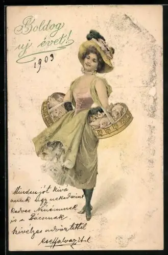 AK Fräulein mit Ferkeln in Körben im Jugendstil, Neujahrsgruss