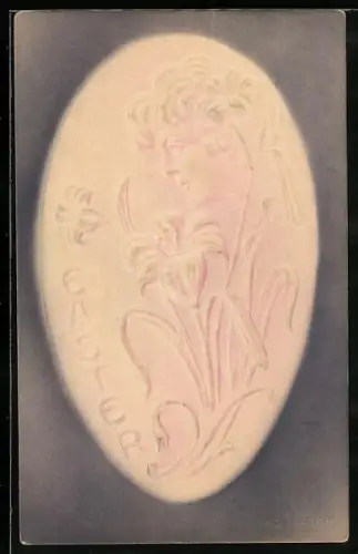 Präge-AK Frau mit Lilien im Jugendstil, Ostern