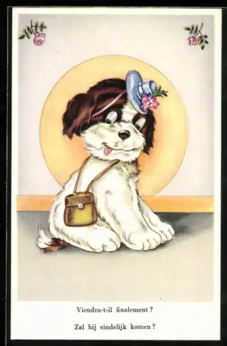 AK Hund mit einer Umhängetasche, vermenschlichte Tiere