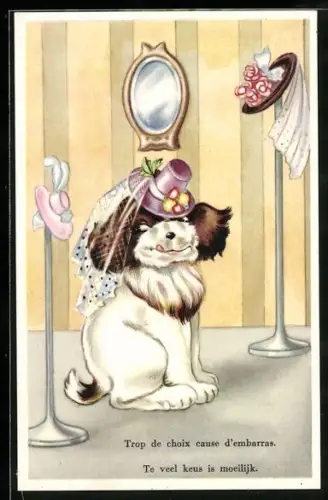 AK Hund mit einem Blumenhut, vermenschlichte Tiere