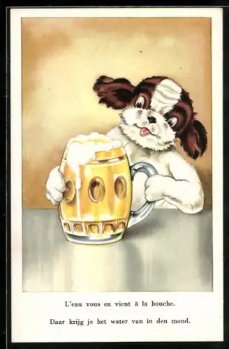 AK Hund mit einem Bierkrug, vermenschlichte Tiere