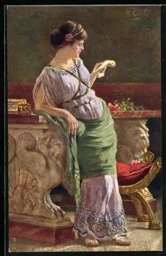 AK Junge Frau liest einen Brief, Jugendstil