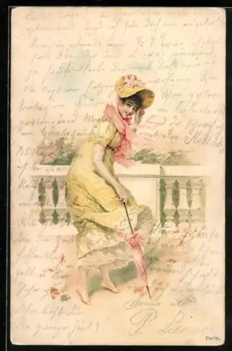 AK Fräulein im gelben Kleid mit Schirm, Jugendstil