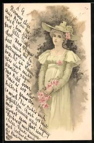 AK Fräulein im grünen Kleid mit Hut und Rosen, Jugendstil