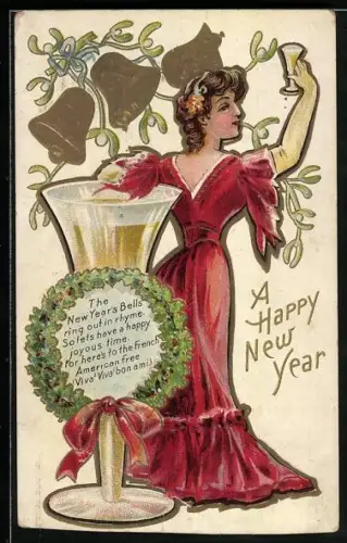 Präge-AK Junge Frau im Kleid mit Sektglas, Jugendstil