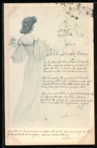 AK Rückenansicht von Frau im Kleid, Jugendstil