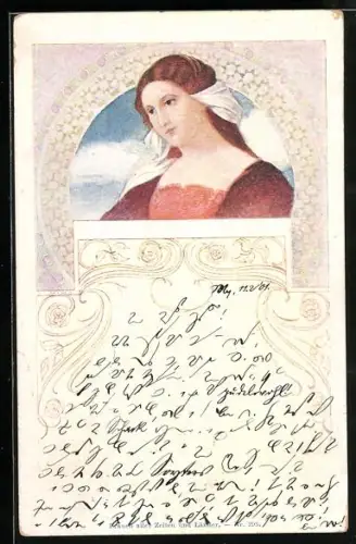 AK Jugendstil, Frau mit langen Haaren und Wolken