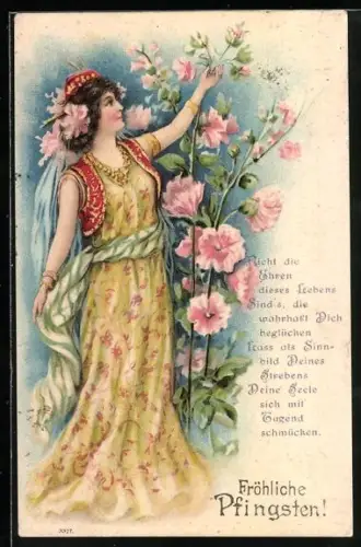Präge-AK Junge Frau mit Pfingstrosen im Jugendstil, Pfingstgruss