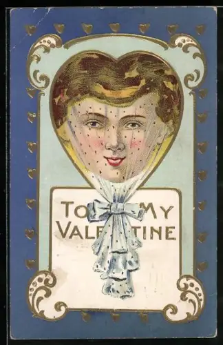 Präge-AK Junger Frau im Herz im Jugendstil To My Valentine