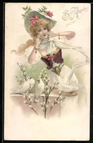 Präge-AK Fräulein mit Hut im Jugendstil, Neujahrsgruss