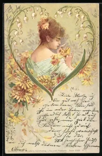 AK Allegorie Mai, junge Frau in einem Herz aus Blumen, Jugendstil