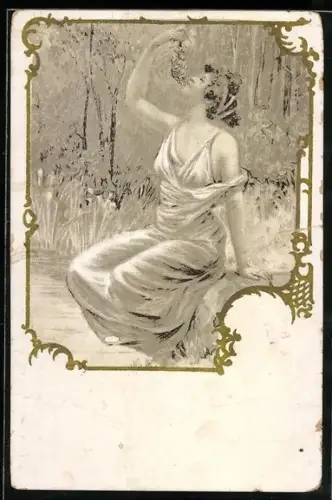 AK Junge Frau mit Weintrauben im Jugendstil