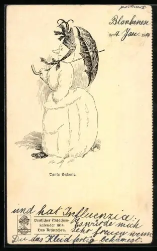 AK Schneemannsfrau Tante Sidonie, Deutscher Mädchenkalender 1914, Das Kränzchen