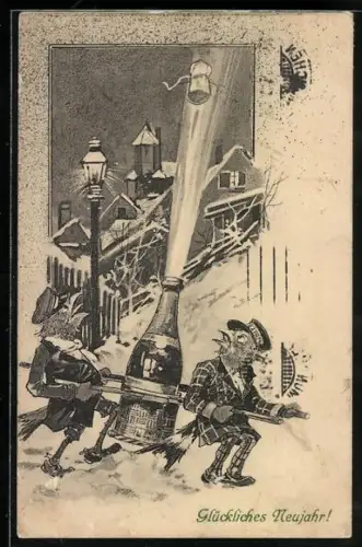 AK Zwei Vögel mit Sektflasche im Winter, vermenschlichte Tiere, Neujahrsgruss