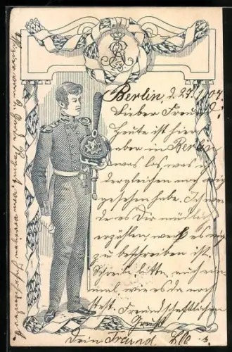 Lithographie Regiment z. F., Soldat, Lorbeerkranz