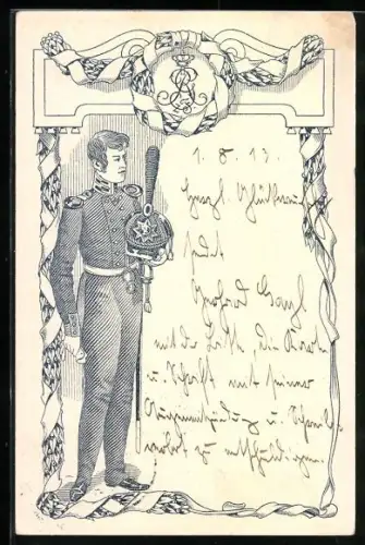 Lithographie Regiment z. F., Soldat, Lorbeerkranz