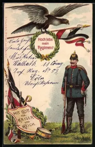 AK Hoch lebe mein Regiment, Soldat, Adler mit Fahne u. Lorbeerkranz