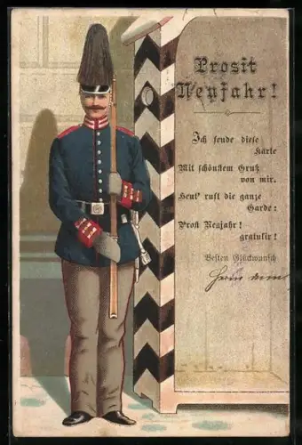 Vorläufer-Lithographie Wachsoldat in Uniform am Wachhäuschen, 1892, Neujahrsgruss