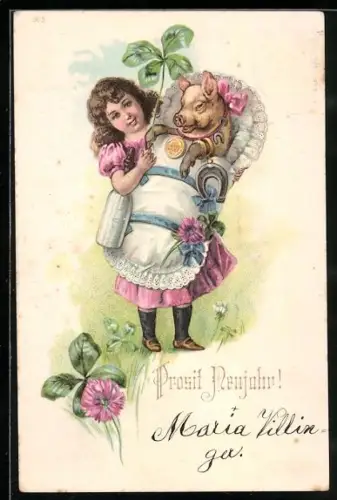 Lithographie Mädchen mit Ferkel im Säuglingsbettchen, Glücksklee, Neujahrsgruss