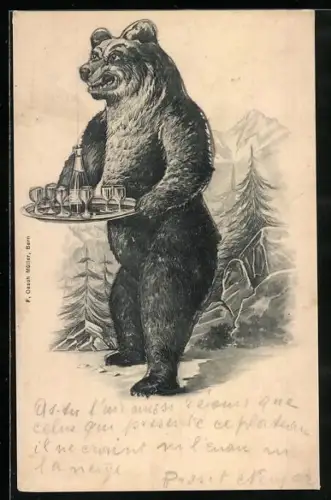 AK Bär trägt ein Tablett mit Wein und Gläsern