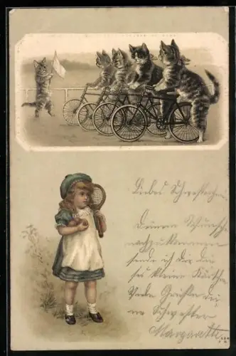 AK Katzen beim Fahrradrennen, vermenschlichte Tiere