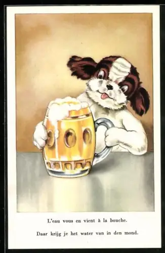 AK Hund sieht mit Geniesserblick auf ein Glas Bier