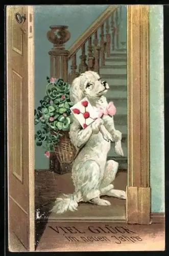AK Pudeldame mit Brief u. Glücksklee, Neujahrsgruss