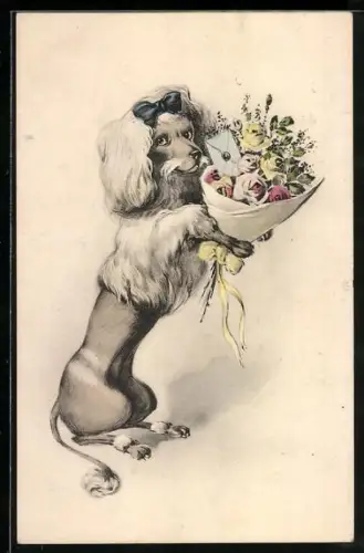 AK Pudeldame mit Blumenstrauss und Brief