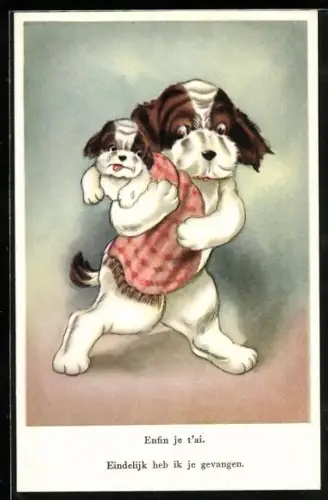 AK Hund mit Welpe in einer Decke auf dem Arm