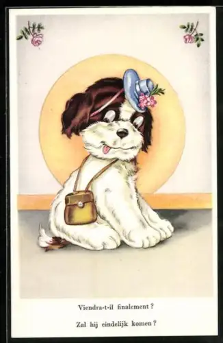 AK Verliebte Hundedame mit Hut und Handtasche