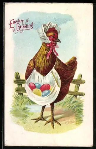 AK Huhn mit Ostereiern in der Schürze, Ostergruss