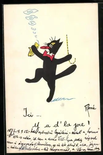 AK Übermütiger schwarzer Kater mit Zigarre