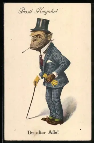 AK Affe im Anzug mit Zigarette, Hut u. Spazierstock, Neujahrsgruss