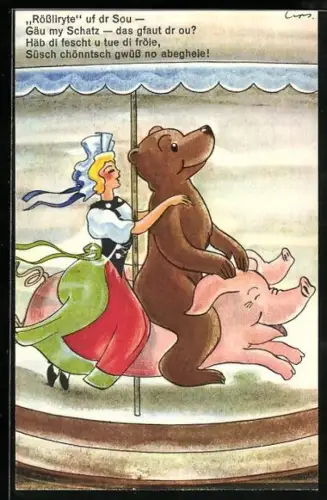 AK Bär und junge Dame reiten auf einem Schwein, Karussell