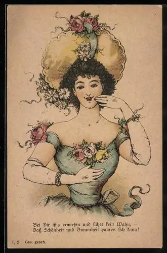 AK Dass Schönheit und Dummheit paaren sich kann!, Frauenportrait