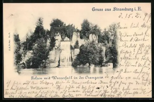 AK Strassburg i. E., Felsen mit Wasserfall in der Orangerie