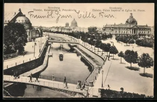 AK Strassburg, Theater, Kaiserpalast und Peterskirche