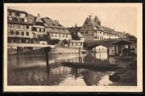 AK Alt-Strassburg, Uferpartie mit Brücke