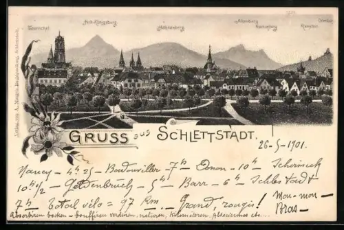 Lithographie Schlettstadt, Teilansicht mit Hoh-Königsburg, Hahnenberg und Ramstein