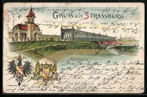 Lithographie Strassburg, Rheinbrücke, Wappen