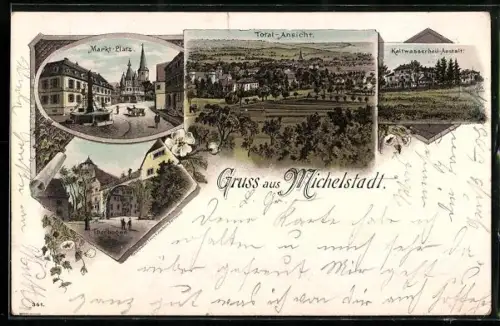 Lithographie Michelstadt, Kaltwasserheil-Anstalt, Torbogen, Marktplatz