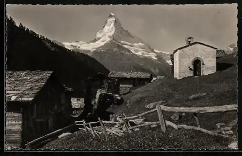 AK Findelen ob Zermatt, Ortspartie mit Kapelle u. Matterhorn