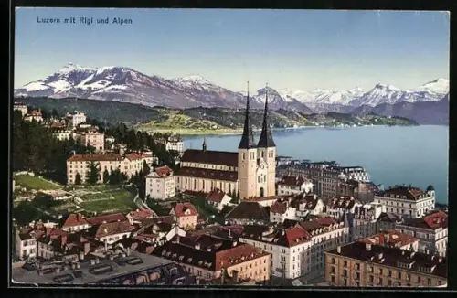 AK Luzern, Teilansicht mit Kirche, Rigi und Alpen