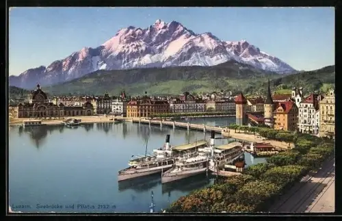 AK Luzern, Seebrücke und Pilatus, Panorama