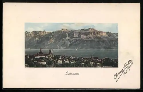 AK Lausanne, Ortsansicht mit Wasser- u. Bergblick aus der Vogelschau
